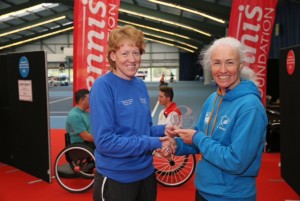 Aegon Coach of the Month Award - Oct '14. Kirsty Thomson (Tennis Foundation) presents the award to Donna Andrews.